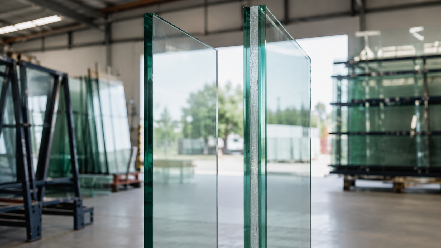 Close-up comparison of tempered glass and laminated glass edges showing the laminated interlayer