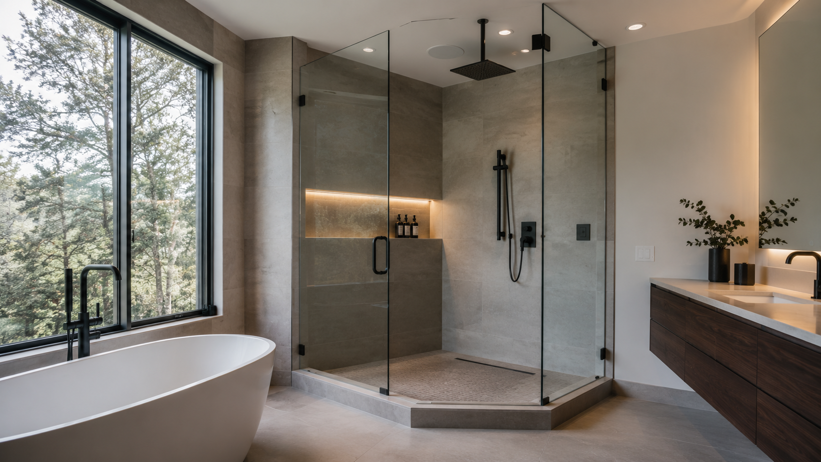 Finished frameless glass shower enclosure installed in a tiled bathroom in Ventura County
