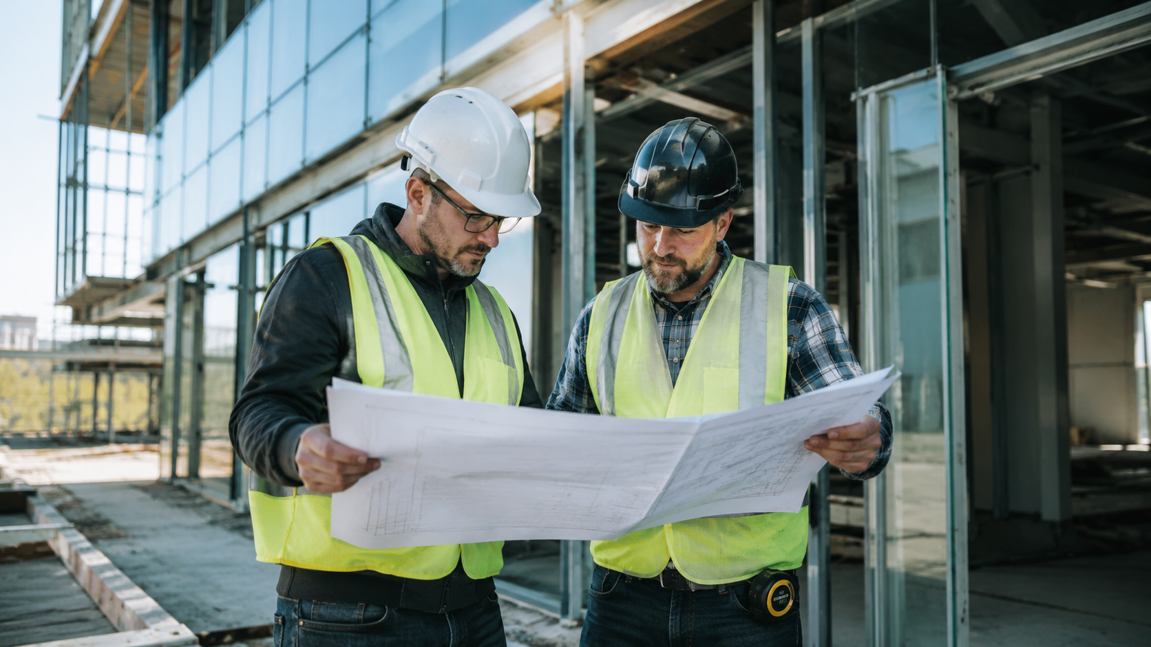 General contractor reviewing project plans with a glazing subcontractor on a job site in Ventura County